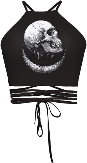 Sister Amy® Women's Halter Cross Back Boho Bandage Tank Camis Crop Top Vest - skull tank tops