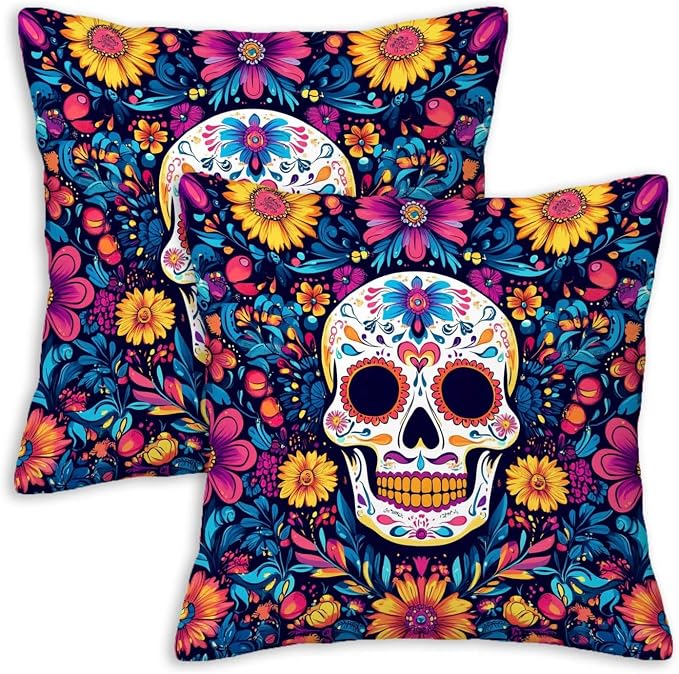 Sugar Skull Floral Throw Pillow Covers 18×18 Set of 2, Colorful Day of the Dead Decorative Cushion Covers, Mexican Folk Art Pillow Cases for Couch Sofa Bedroom Living Room Home Decor