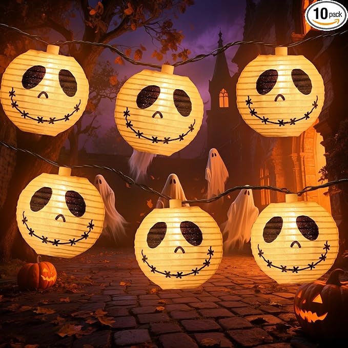 Brillarlights Halloween Decorations Ghost Lantern String Lights Plug in, 10 Pack White Ghost Lights with Black Cord, Halloween Spooky Lights Outdoor for Porch,Garden,Mantel Decor