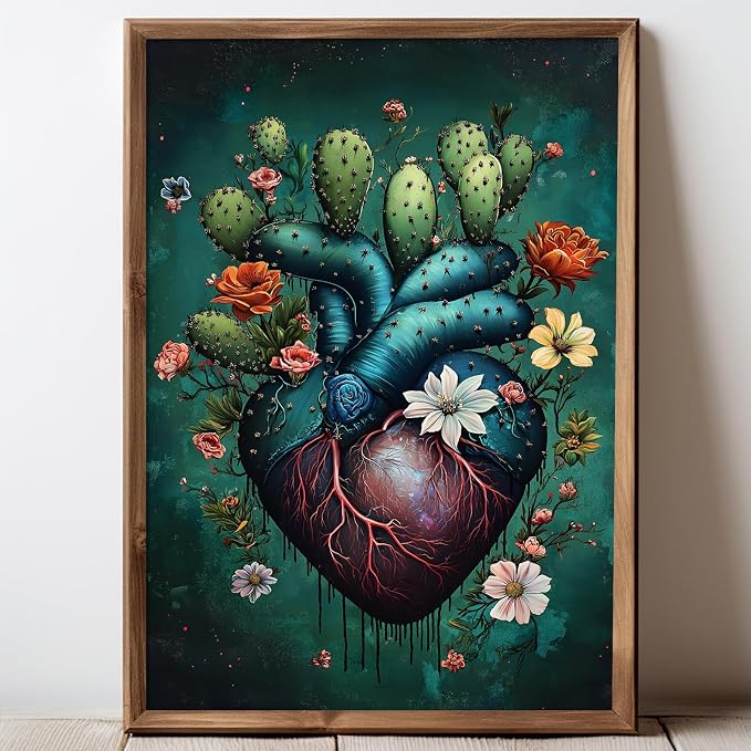 Abstract Cactus Paintings Canvas Wall Art Flowers Gothic Floral Prints Moody Botanical Posters Anatomy Artwork Human Heart Picture Dark Academia Floral Print Gothic Botanical Wall Art 16x24in No Frame - skull wall art