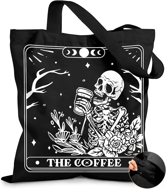 Miss Adola Canvas Tote Bag for Women with Zipper, Coffee Skull - sugar skull handbags for sale