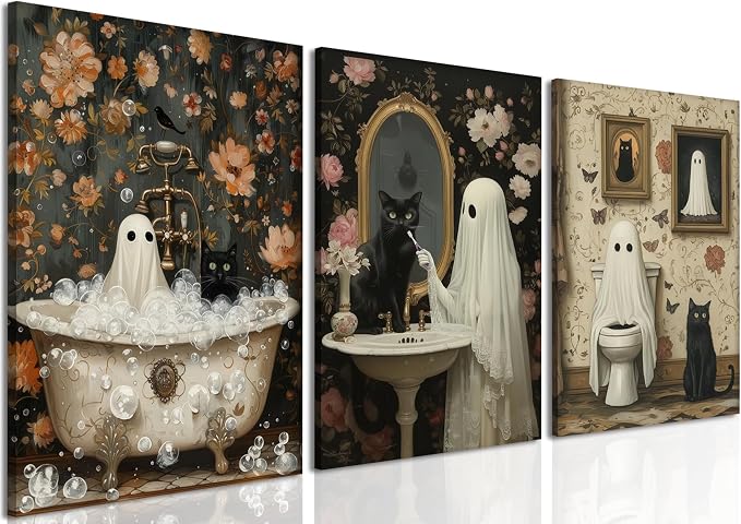 Halloween Ghost Bathroom Wall Art Set of 3, Funny Gothic Wall Decor Dark Academia Decor Pictures, Horror Ghost and Black Cat in Bathroom Poster Canvas Prints 12x16 inch Framed - skull wall art