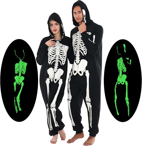 Sincere Party Monkey,Dalmatian,Snowman,GID Skeleton for Adults,Animal Oneise Pajamas Outfit for Unisex Men and Women - skeleton