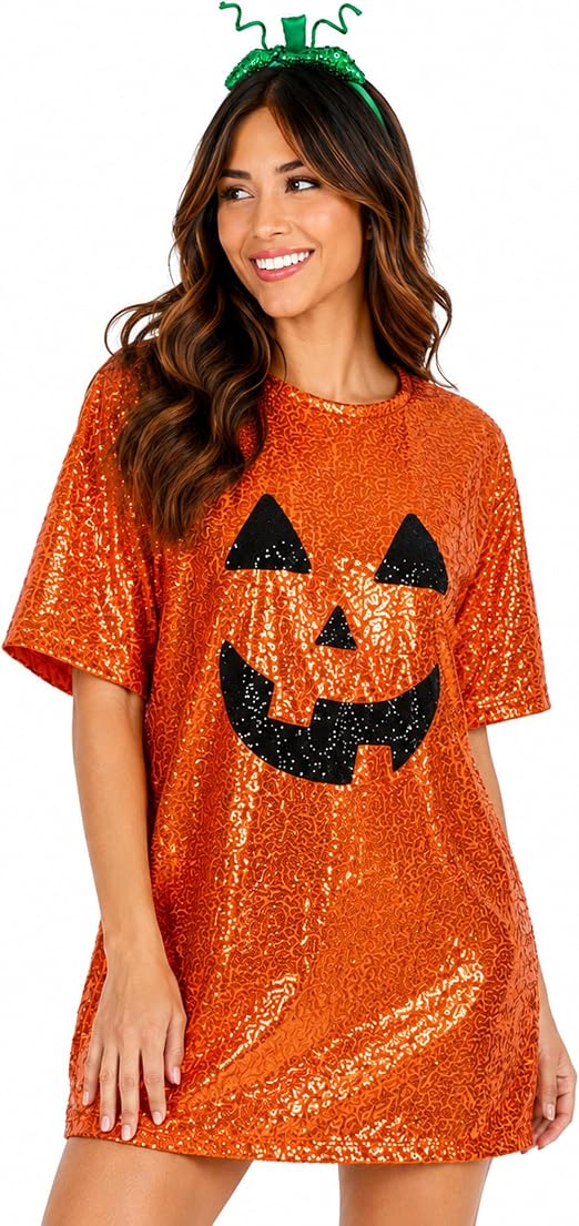 Tipsy Elves Women's Pumpkin Halloween Costume - Sequin Dress - sugar skull dress