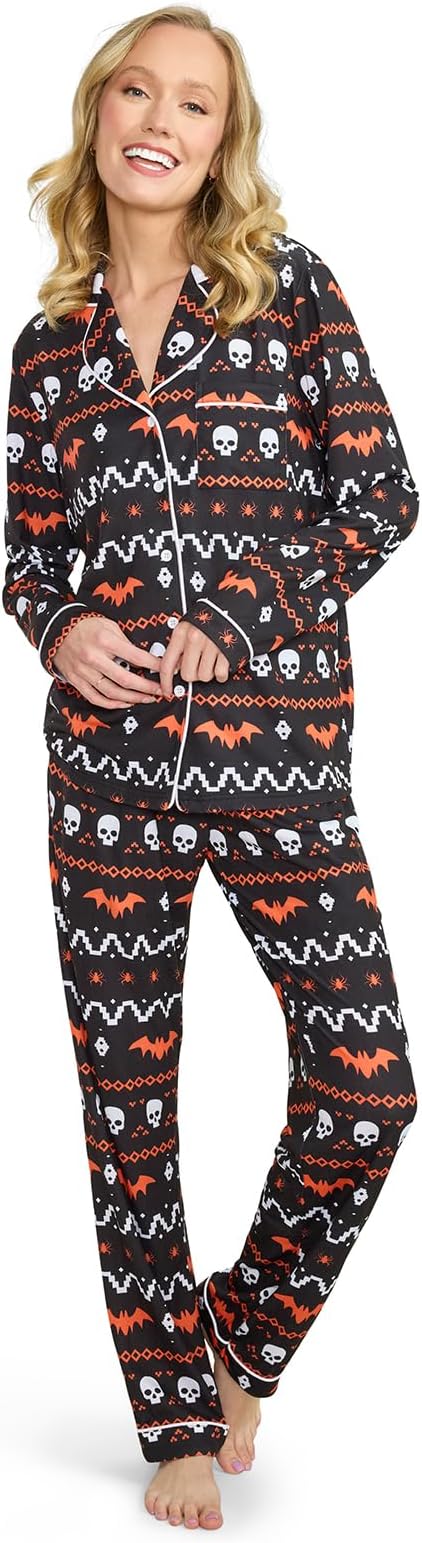 Tipsy Elves Women’s Christmas Pajamas - Classic Two Piece Lapel Pajama Set for Ladies - Cute and Cozy - skull pajamas