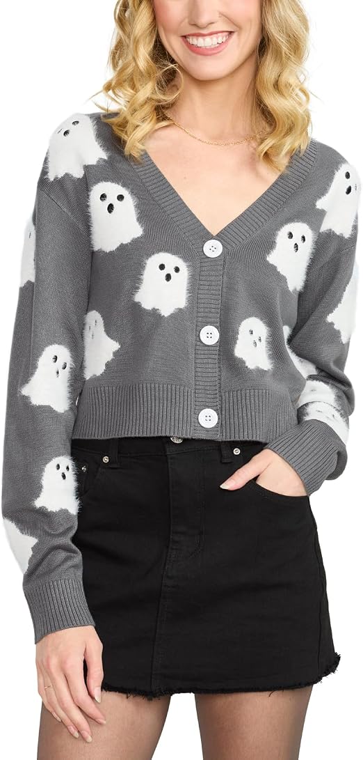 Tipsy Elves Halloween Cardigan for Women – Comfy & Cute Button-Up Sweater w/Ghost Print & Fuzzy Cropped Fit - skull jacket