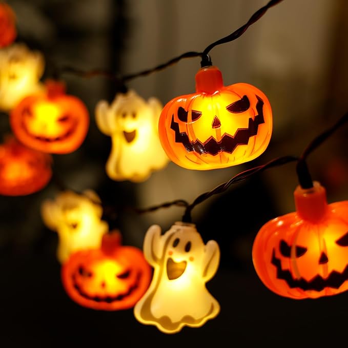 RECESKY Halloween String Lights – 20 LED 6.6Ft 3D Pumpkin Ghost Battery Powered Light with Timer – Spooky Cute Decor for Outside Indoor Yard House Bedroom Holiday Window Fireplace Party Decorations