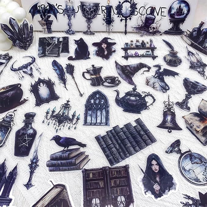 50 PCS Gothic Witchcraft Clear Scrapbook Stickers – Dark Aesthetic Witchy Ephemera Decals for Journaling, Spell Books, Bullet Journals, Grimoire, Gothic Decor, Witch Vintage Collage Supplies - skull sticker