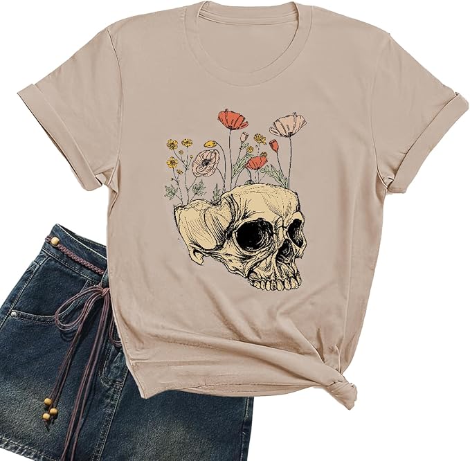 Funny Shirts for Women Vintage Skull Tshirt Holiday Short Sleeve Tops - skull tshirt