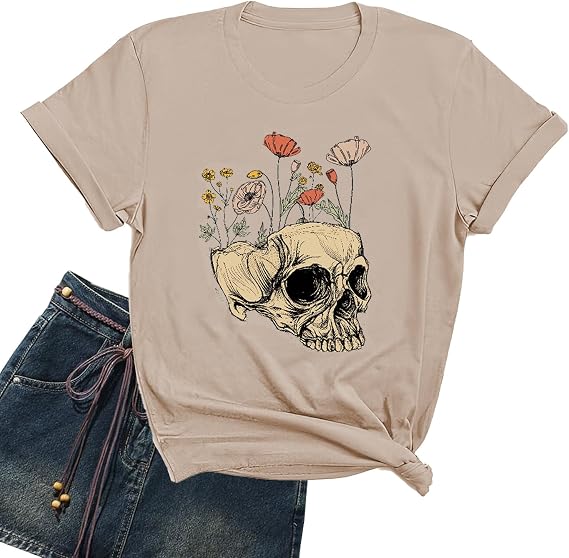 Funny Shirts for Women Vintage Skull Tshirt Holiday Short Sleeve Tops - skull leggings