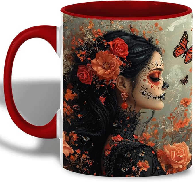 Day of the Dead Lady Mug, Dia de los Muertos Coffee Mug with Orange Rose Face Paint, Gothic Mexican Art Ceramic Cup, Gift for Halloween, Her, Friends, Celebration, 11oz - skull coaster