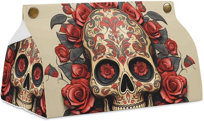 Red Rose Sugar Skull Tissue Box Cover Rectangle Modern PU Leather Tissue Holder Farmhouse Napkin Holders Decorative Tissues Box Holder for Bathroom Kitchen Office Bedroom Dresser - skull toilet paper