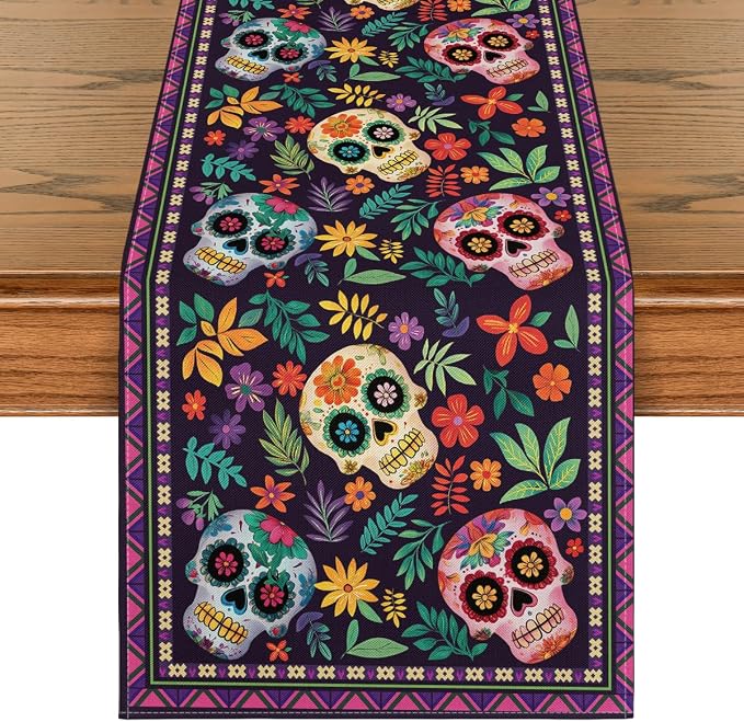 Artoid Mode Mexican Sugar Skull Dia De Los Muertos Table Runner, Day of The Dead Altar Kitchen Dining Table Decoration for Home Party Decor 13x72 Inch - skull wreath