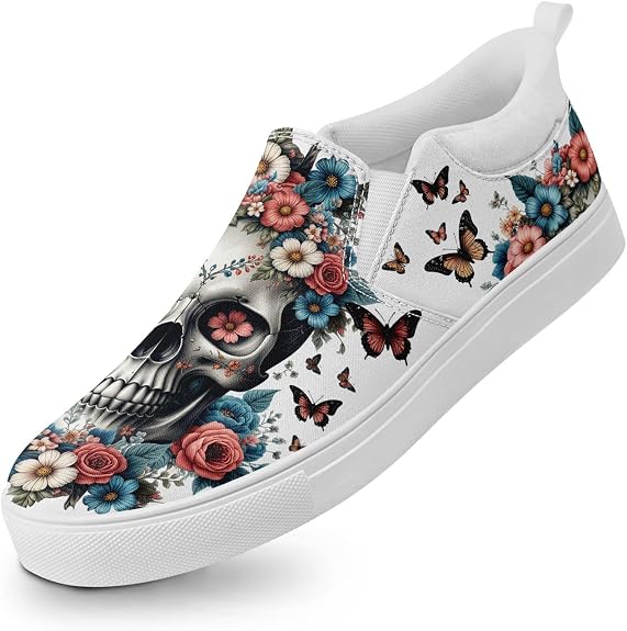 Women's Slip-on Canvas Shoes – Floral Skull Casual Loafers Trendy Comfortable Walking Skate Sneakers for Men - sugar skull boots