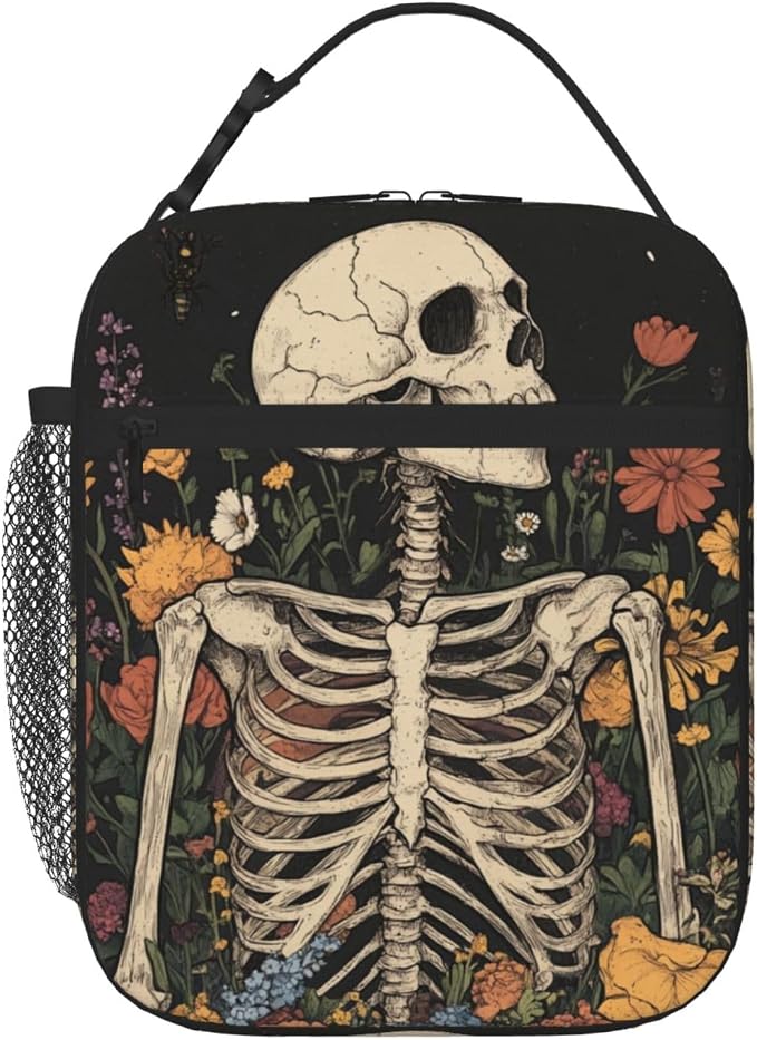 SUPLUCHOM Lunch Bag Skeleton Flower Skull Vintage Insulated Box Reusable with Side Pocket for Girl Boy Women Men Work School Picnic Hiking Daytrip Over 3 Years Old - skull suitcase