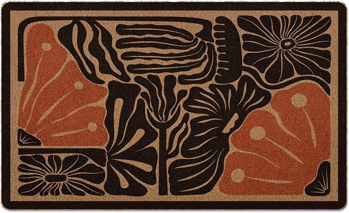 Boho Floral Door Mat, Boho Floral Doormat, Black Flower Welcome Front Door Mat Outside Indoor Outdoor Entrance, Botanical Artificial Coir Doormats Rugs for Patio Entry Home Decor, 30x17in
