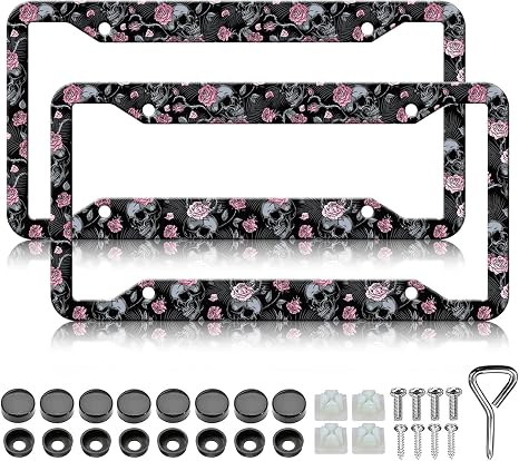 Skulls Roses License Plate Frames - 2 Pack Skull Flower Stainless Steel License Plate Holder Covers,Rust-Proof Waterproof Car Decorative Tag Frames for Standard US 12x6 Inch - skull plate