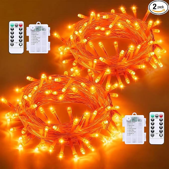 QITONG Halloween Lights Battery Operated, 2 Pack Each 33ft 100 LED Orange String Lights Outdoor Waterproof with Remote, Clear Wire Christmas Twinkle Lights with 8 Modes Indoor - string light