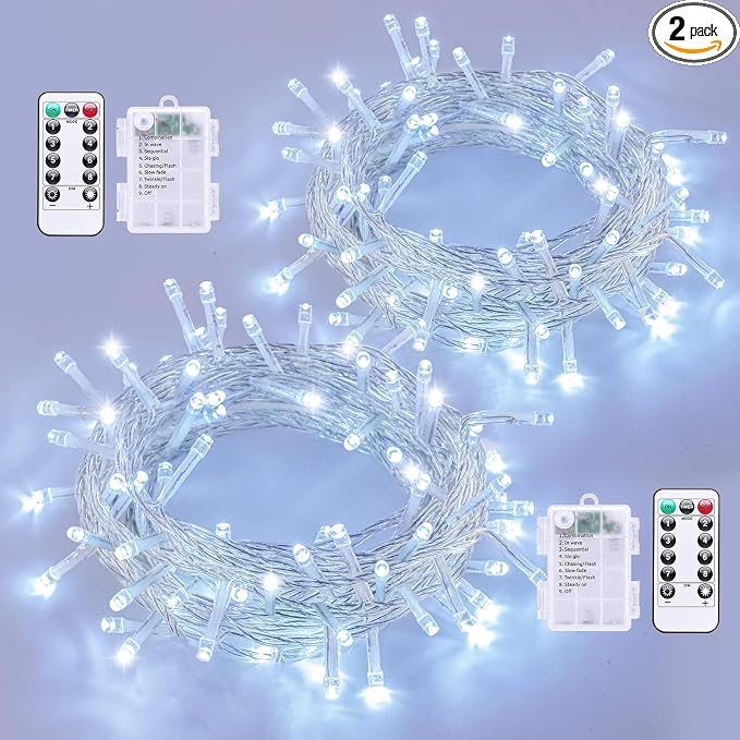 QITONG Battery Operated String Lights, 2 Pack Each 33ft 100 LED White Christmas Lights Outdoor Waterproof, 8 Modes Clear Wire Twinkle Classroom Lights Indoor with Remote - string light