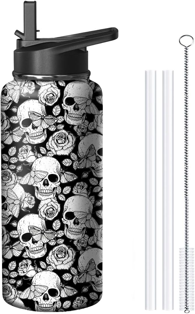 18oz Skull Water Bottle with Handle and Flip Straw, Skeleton Sports Stainless Steel Insulated Cup Travel Coffee Mug Tumbler, Birthday Mothers Day Chritmas Gifts for Women