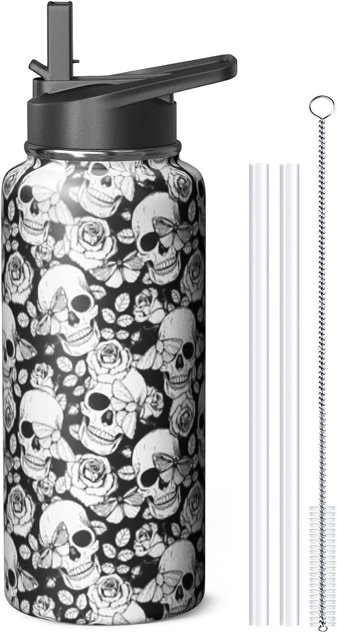 32oz Skull Water Bottle with Handle and Flip Straw, Skeleton Sports Stainless Steel Insulated Cup Travel Coffee Mug Tumbler, Birthday Mothers Day Chritmas Gifts for Women - skull bottle