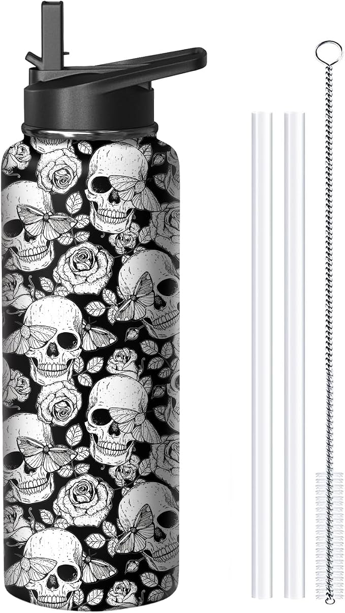 40oz Skull Water Bottle with Handle and Flip Straw, Skeleton Sports Stainless Steel Insulated Cup Travel Coffee Mug Tumbler, Birthday Mothers Day Chritmas Gifts for Women - skull bottle