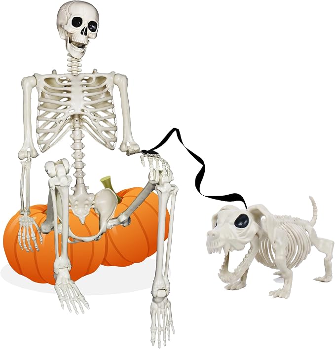 NEROSUN 5.4FT Halloween Skeletons Decoration, Posable Life Full Size Skeleton with Dog Skeleton, Realistic Plastic Human Bones for Halloween Props Haunted House Graveyard Party Decor