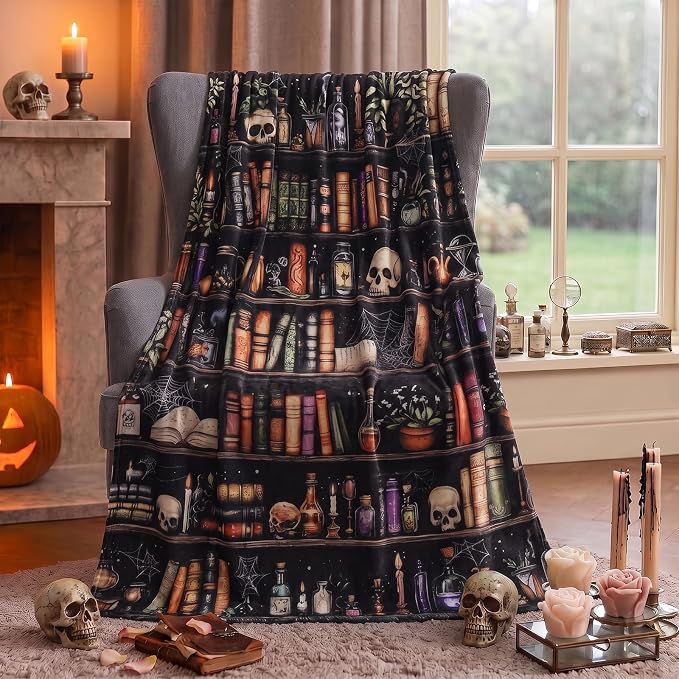Halloween Skull Bookshelf Throw Blanket Soft Flannel Cozy Gothic Blanket for Book Lovers Witchy Gifts for Readers, Bookworms & Librarians,Decor Bookish Throw for Couch, Bed, Reading Room 60"x50" - skull blanket