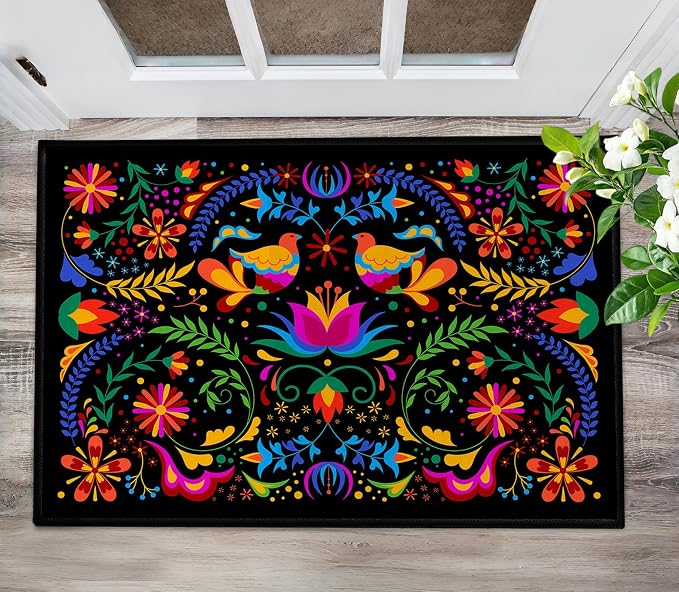 Mexican Talavera-Themed Door Mat Indoor Entrance Carpet Mexican Decor Doormat Black Entry Rug Non Slip 2×3 Washable Floor Mats Small Area Rug for Entryway, Kitchen, Bathroom, Bedroom