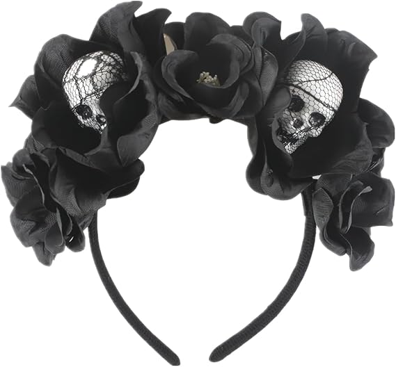 Day of the Dead Halloween Rose Veil Skull Headband Flower Crown Headpiece Gothic Costume Accessories Black - skull headband