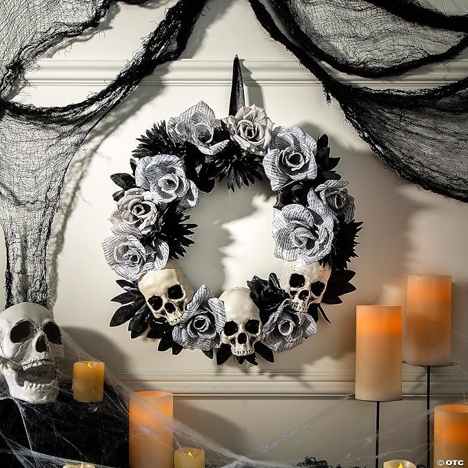 Halloween Express 17 1/2" x 17 1/2" White Roses Wreath with Skulls Halloween Decoration - skull wreath