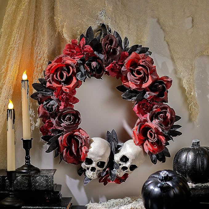 Halloween Express 16 3/4" x 3 1/2" Red & Black Flower Wreath with Skulls Halloween Decoration - skull wreath
