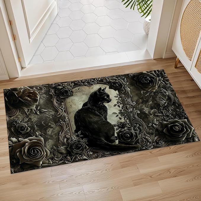 Gothic Black Cat Indoor Door Mat, 17x29.5 Inch, Floor Area Rug for Entryway, Living Room, or Bathroom, Non-Slip Doormat, Dark Rose and Vintage Frame Theme Design Home Decor Rug Gifts - skull carpet