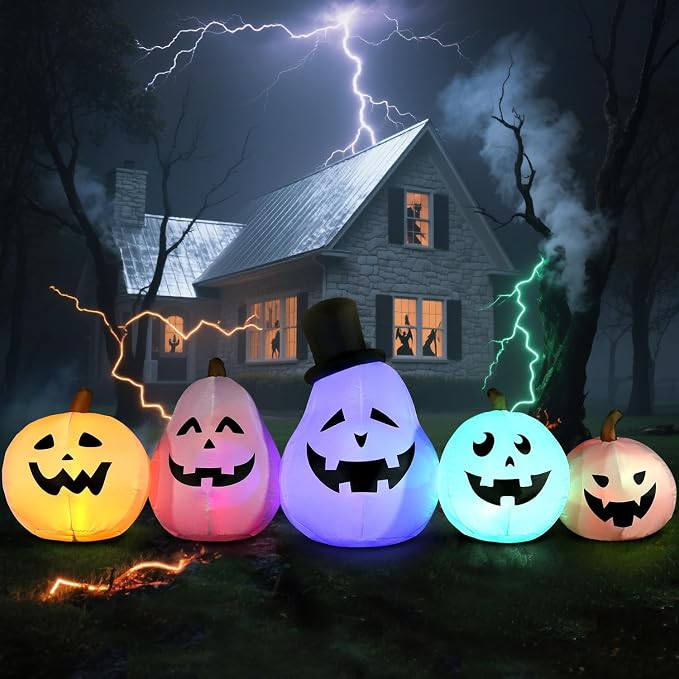 DomKom 8 FT Long Halloween Inflatable White Pumpkin Built in Colorful LED Lights, Holiday Blow up Yard Decoration for Halloween Party Outdoor, Garden Yard Lawn Decor - skull inflatable