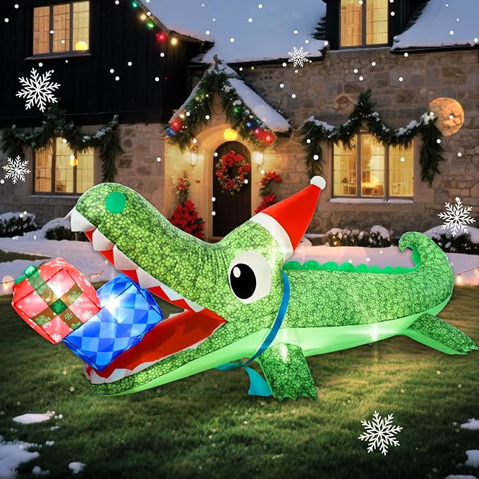 9.3 FT Christmas Inflatable Outdoor Decorations, Inflatables Christmas Crocodile Yard Decor with Christmas Hat & Gift Box, Built-in LED Lights Blow up Xmas Alligator for Outside Lawn Garden Indoor - skull inflatable
