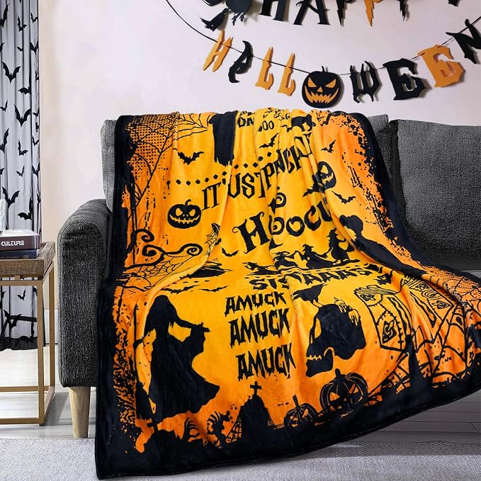 Witchy Goth Gifts for Women Yellow Halloween Blanket Gothic Sipder Web Blanket Witch Skull Pumpkin Flannel Throw Blankets