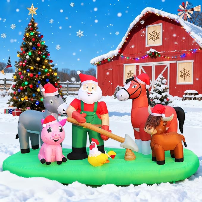DomKom 7FT Christmas Inflatable Blow Up Decorations, Santa Claus Farm Scene with Highland Cow, Clydesdale Horse, Donkey, Rooster and Pig, Built-in LEDs for Party, Garden, Lawn, Yard, Patio Décor - skull inflatable