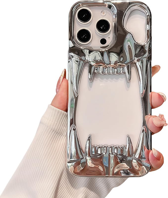 Gothic 3D Hollow Horror Devil Pattern Case for iPhone 15, [Luxury Chrome Color Plating] [Heat Dissipantion Thermal Design] Shockproof Bumper for Halloween- Silver - Skull phone case
