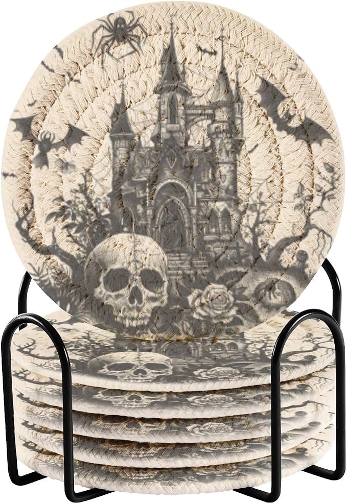 Coaster for Drinks 6 Pcs,Super Absorbent Drink Coasters,Round Woven Coasters Drink mats for Table Protection Housewarming Gift for Home Room Decor Halloween Castle Bat Skull Rose - skull coaster