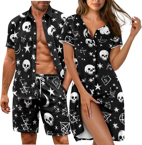 Couples Pajamas Sets Short Sleeve Plus Size Button Down Pj Soft Cute Pajama Set His and Her Matching Pjs - skull pajamas