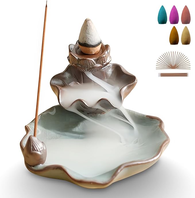 Waterfall Incense Burner, Lotus Backflow Incense Holder Ceramic Censer Cones Sticks Porcelain Holder for Home Décor, Meditation, Yoga, Spiritual Rituals (Light Blue) - skull incense burner