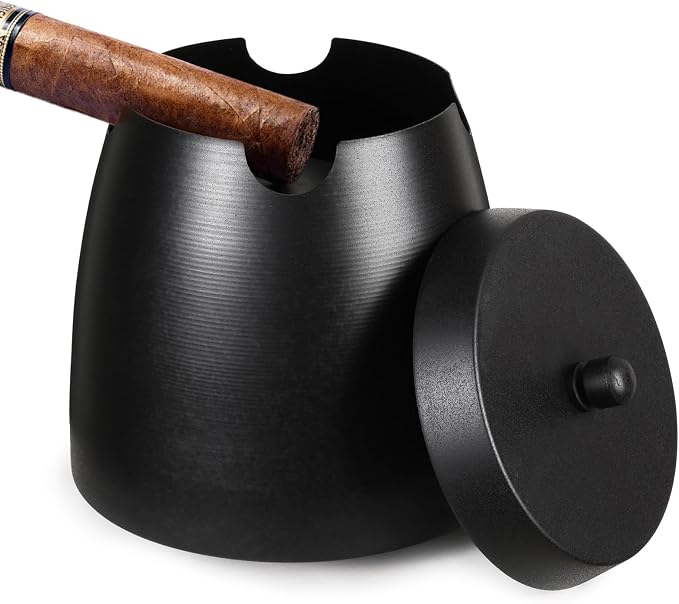 Cigar Ashtray with Lid for Outdoors Indoors Outside Patio Home Black Decor,Large Holder Ash tray Windproof,Cigar Accessories Gift for Men Dad Husband Boyfriend (Large) - skull ashtray