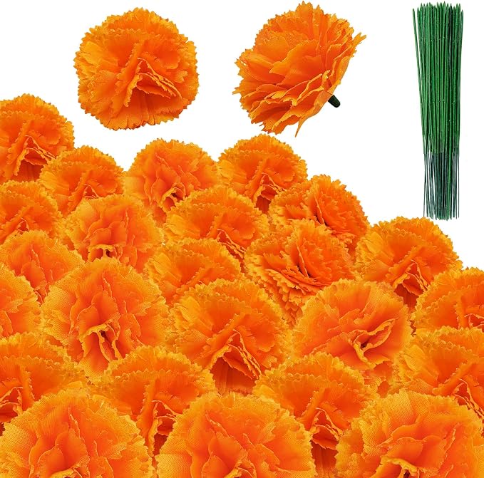 Marigold Flowers Artificial - 80 Premium Silk Flower Heads with 30 Stems for Diwali Decor, Day of the Dead Altar, Handmade Garland Making (2" Blooms, Reusable) (Orange 80) - skull wreath