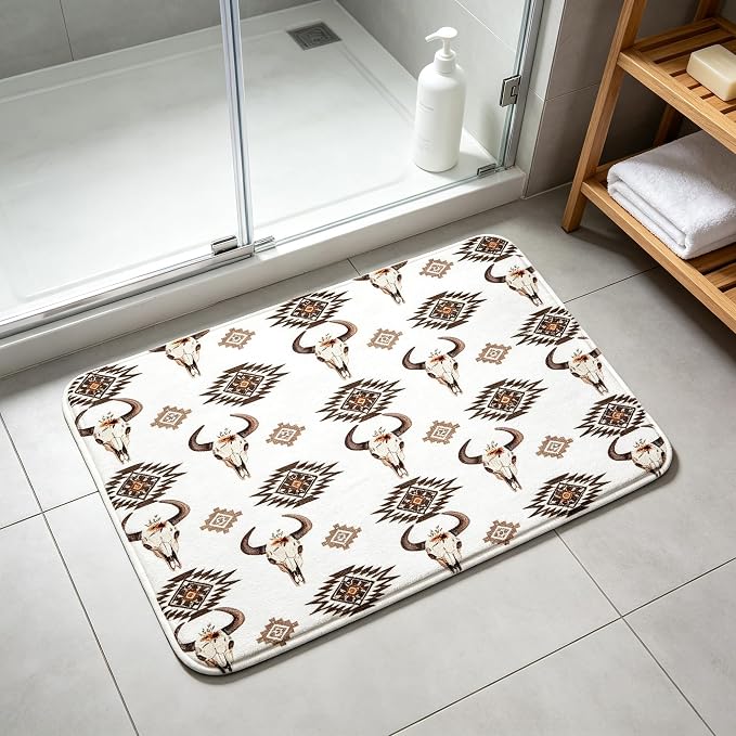Western Cow Skull Bath Mat Southwest Aztec Rug,White,17.7x29.5 Inch - skull toilet mat