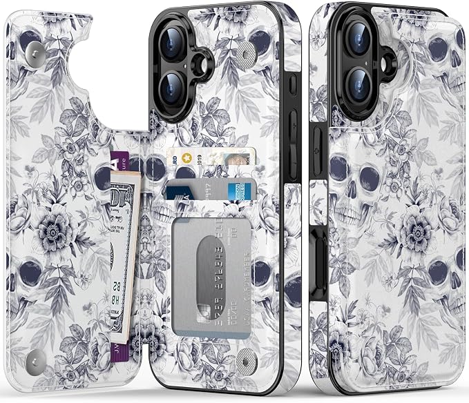 FUNMIKO for iPhone 16 Wallet Case with Card Holder,RFID-Blocking - Skull phone case