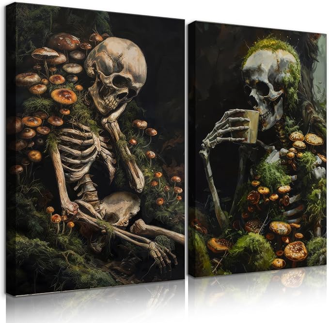 EGMAVQZY 2 Pieces Skull Canvas Wall Art Gothic Skull Wall Decor Dark School Style Vintage Skeleton Poster Painting Prints for Living Room Bedroom Hallway Ready to Hang (12x16 Inch) - skull painting