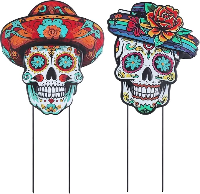 hogardeck Dia De Los Muertos Decorations Outdoor, Set of 2 Dia de Los Muertos Sugar Skull Decorative Garden Stakes, Metal Halloween Decorations Yard Signs for Outside Garden Lawn Porch Patio Party - skull figurine