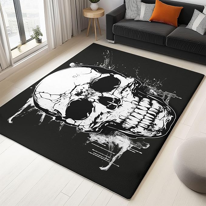 Gothic Skull Washable Area Rug, Non Slip Soft Black Rug - Stain Resistant Low Pile Carpet 2 x 3 ft Easy Clean for Bedroom Living Room Kitchen Entryway Home Decor - skull carpet
