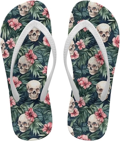 Flip Flop, Women's White Thong Strap Sandal – Casual Flip-Flop for Beach Pool Size 35-40 - sugar skull costume