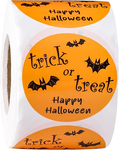 WRAPAHOLIC 2 Inch 500 Total Halloween Bats Stickers Roll - Bats Trick or Treat Design, Perfect for Gift Wrap & Shipping, Halloween, Kids Treat Bags, Outdoor Use - skull sticker